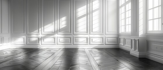 The sun light casts a shadow on a white empty room with a dark laminate wood floor. It is a classic interior style with architecture of a blank space.