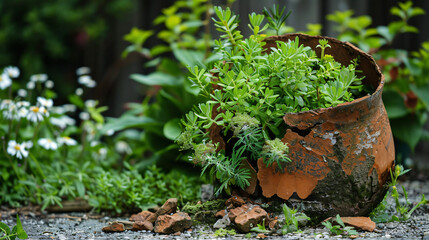 Composition of plants in a broken pot Decor for a ga - obrazy, fototapety, plakaty