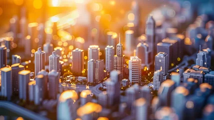 Foto op Plexiglas Miniature cityscape with illuminated buildings at dusk. © VK Studio
