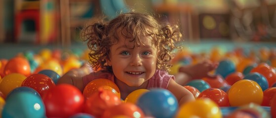 The kindergarten is full of happy children having fun and playing together with colorful balls