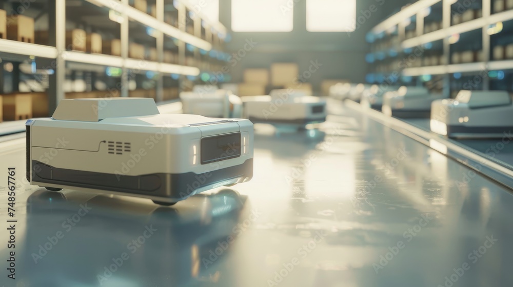 Poster future technology 3d concept: automated warehouse agv robot delivering cardboard boxes in distributi