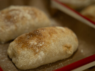 Home baked sourdough ciabatta buns, Italian flat breads.