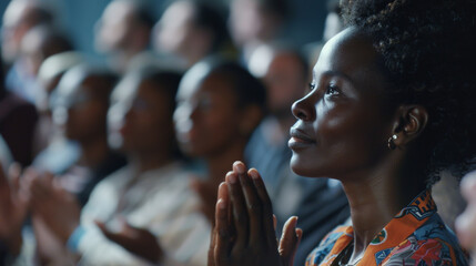 A woman smiles applauding, immersed in an event with an engaged audience.