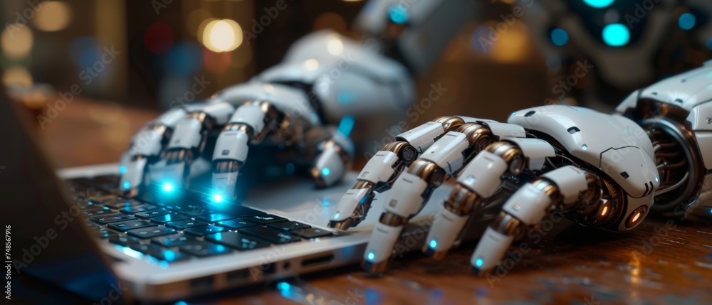 Leinwandbilder Chatbot with AI (Artificial Intelligence), search engine, businessman using laptop to connect to AI, using command prompt to generate ideas or resolve problems, digital transformation, SEO.