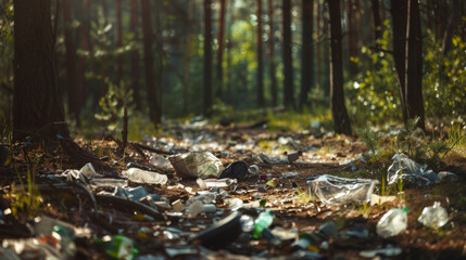 Litter strewn across a sunlit forest floor, highlighting environmental negligence. - obrazy, fototapety, plakaty