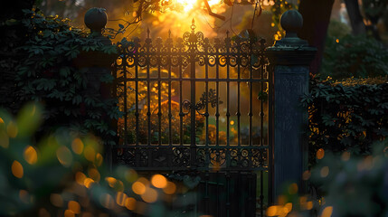 A garden gate, with vines creeping along the fence as the background, during the enchanting twilight hours