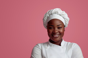 portrait of a smiling african american female chef against pink background