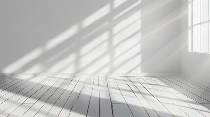 An amazing 3D visualization of a white room interior and wood plank floor with the sunlight casting a rhythmical shadow pattern on the wall, displaying the simplicity of minimal design.
