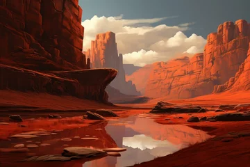 Foto op Canvas Vibrant Red fantasy river landscape. Cosmos moon. Generate Ai © juliars