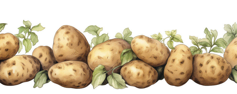 Watercolor background banner of potato isolated on a white background as transparent PNG