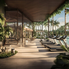 Cross-Fit-Fitnesscenter, Beton, Strand, inmitten Dschungelumgebung, offenes Konzept, Outdoor-Training, luxuriösen Touch, nahtlos, natürliches Ambiente, aussicht, landschaft,Cross-fit fitness center © Sylvia