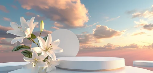 Foto op Canvas ivory white podium geometric, ivory white lilies, 3D, sky and clouds, evening light, heavenly environment © sundas