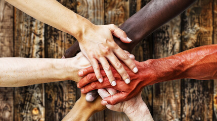 A group of diverse individuals stacking their hands on top of each other in unity and teamwork