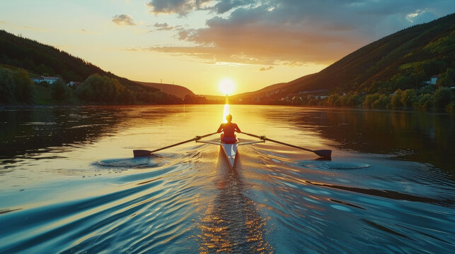 Active person is rowing a boat on a tranquil lake as the sun sets in the background, creating a beautiful reflection on the water