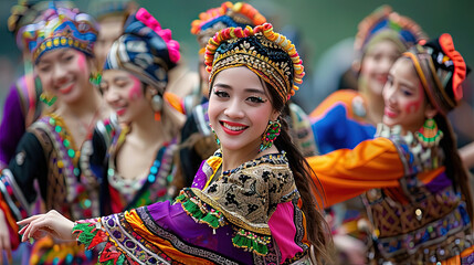 Fototapeta na wymiar A diverse group of women dressed in vibrant and colorful costumes are joyfully dancing together at a cultural event