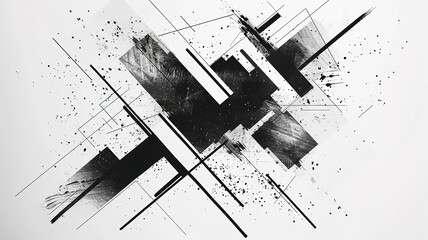 Abstract Black and White Composition With Geometric Shapes and Splattered Ink - obrazy, fototapety, plakaty