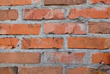 Red grey wall background. Old grungy brick wall texture. Vintage wall with obsolete plaster