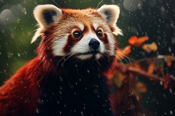 Snowy Red panda wild. Zoo red outdoor. Generate Ai