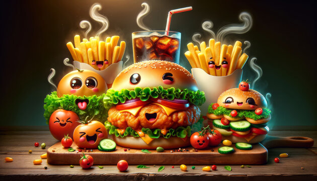 Cartoon burger with friends fries and soda, all on wood boards. Smiling foods on wooden boards make a fun dining scene.