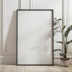 Poster mockup with vertical empty wooden frame standing on the floor. For various advertising. Banner