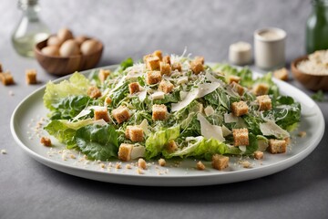 Caesar Salad on a white plate. Croutons, parmesan. - obrazy, fototapety, plakaty