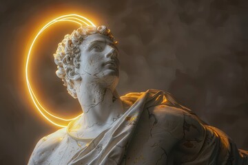 Surreal 3D illustration of a marble ancient Greek statue with a halo behind in white and gold color. Contemporary art in digital format