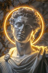 Surreal 3D illustration of a marble ancient Greek statue with a halo behind in white and gold color. Contemporary art in digital format