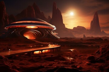 Otherworldly Alien gates fantasy red planet. Futuristic ship. Generate Ai