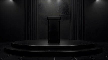 3D rendering of a dark and empty stage with a podium. The podium is made of black marble and has a shiny surface. - obrazy, fototapety, plakaty