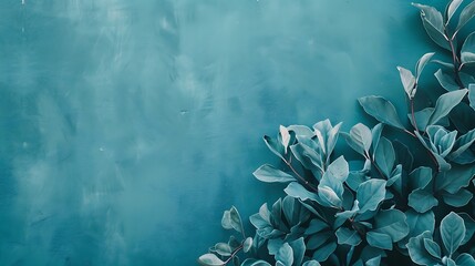 Blue leaves on a blue background. The leaves are arranged in a corner of the image, leaving plenty of room for text or other elements.
