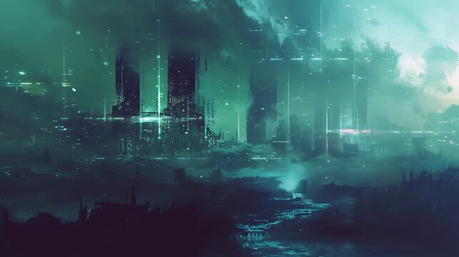 The dark cyberpunk city is full of tall buildings and bright lights.
