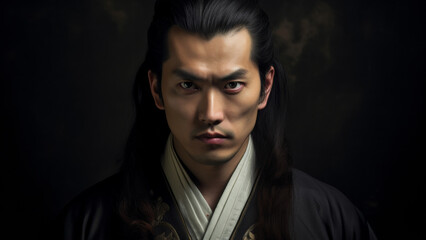 Warrior's intense gaze in the shadows, evoking ancient tales.