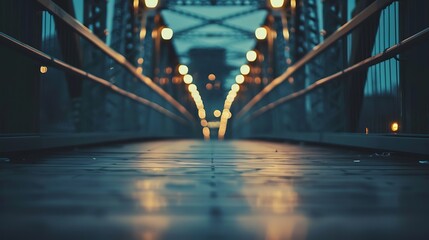 Looking down the wooden walkway of a metal bridge at night. The lights from the city are reflected in the puddles on the ground. - obrazy, fototapety, plakaty