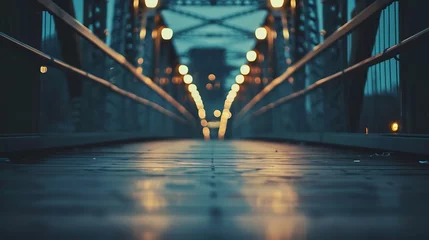 Foto op Plexiglas Looking down the wooden walkway of a metal bridge at night. The lights from the city are reflected in the puddles on the ground. © Netflix
