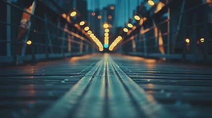 Looking down a long, empty bridge with a glowing blue light in the distance. The bridge is made of metal and has a shiny, reflective surface. - obrazy, fototapety, plakaty