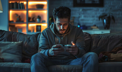 photo concentrated man on couch playing - obrazy, fototapety, plakaty