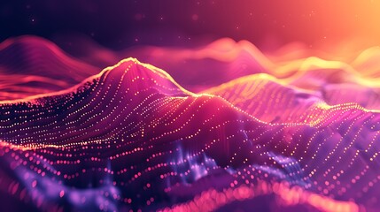 3D rendering of a mountain landscape with glowing particles.