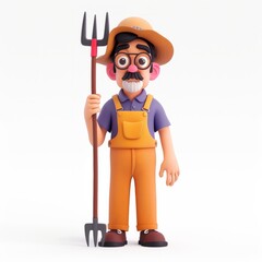 Elderly clay animation character wearing a farmer's overalls and straw hat, holding a pitchfork, on an isolated white background, Generative AI