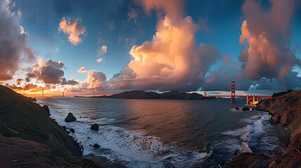 A breathtaking panoramic view of the iconic Golden Gate Bridge in San Francisco, California,...