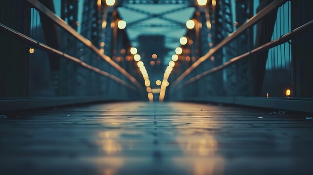 Looking down the wooden walkway of a metal bridge at night. The lights from the city are reflected in the puddles on the ground.