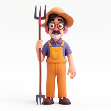 Elderly clay animation character wearing a farmer's overalls and straw hat, holding a pitchfork, on an isolated white background, Generative AI