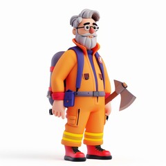 Elderly clay animation character wearing a firefighter's uniform and holding an axe, on an isolated white background, Generative AI