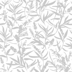 Seamless pattern with gray flowers - Wormwood isolated on white background. Hand-drawn illustrations of wildflowers.
