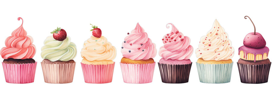 Watercolor background banner of cupcakes isolated on a white background as transparent PNG