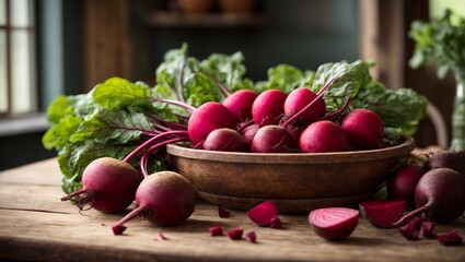 Freshly plucked beetroot in a wooden bowl on a vintage kitchen desk.