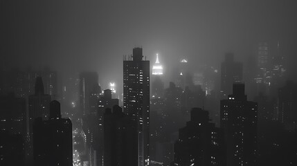 A stunning black and white cityscape of a modern city. The buildings are shrouded in mist, creating an ethereal atmosphere.