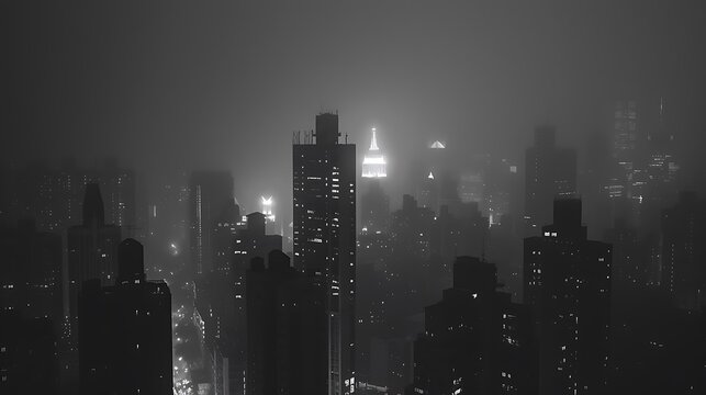 Fototapeta A stunning black and white cityscape of a modern city. The buildings are shrouded in mist, creating an ethereal atmosphere.