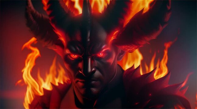 Fiery Devil's Silhouette: Man's Halloween Portrait with Mask, Devilish Red Makeup, and Haunting Carnival Aura, symbolizing evil and danger