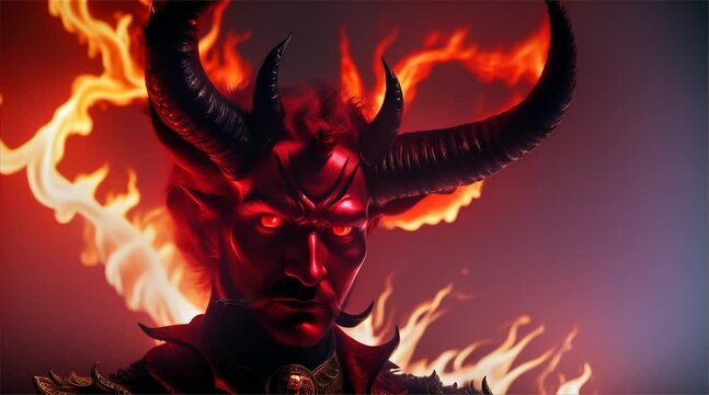 Fiery Devil's Silhouette: Man's Halloween Portrait with Mask, Devilish Red Makeup, and Haunting Carnival Aura, symbolizing evil and danger