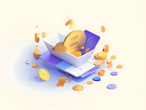 3d online payments credit or debit card concept money transfer financial transactions coins floating on purple background minimal style 3d render illustration